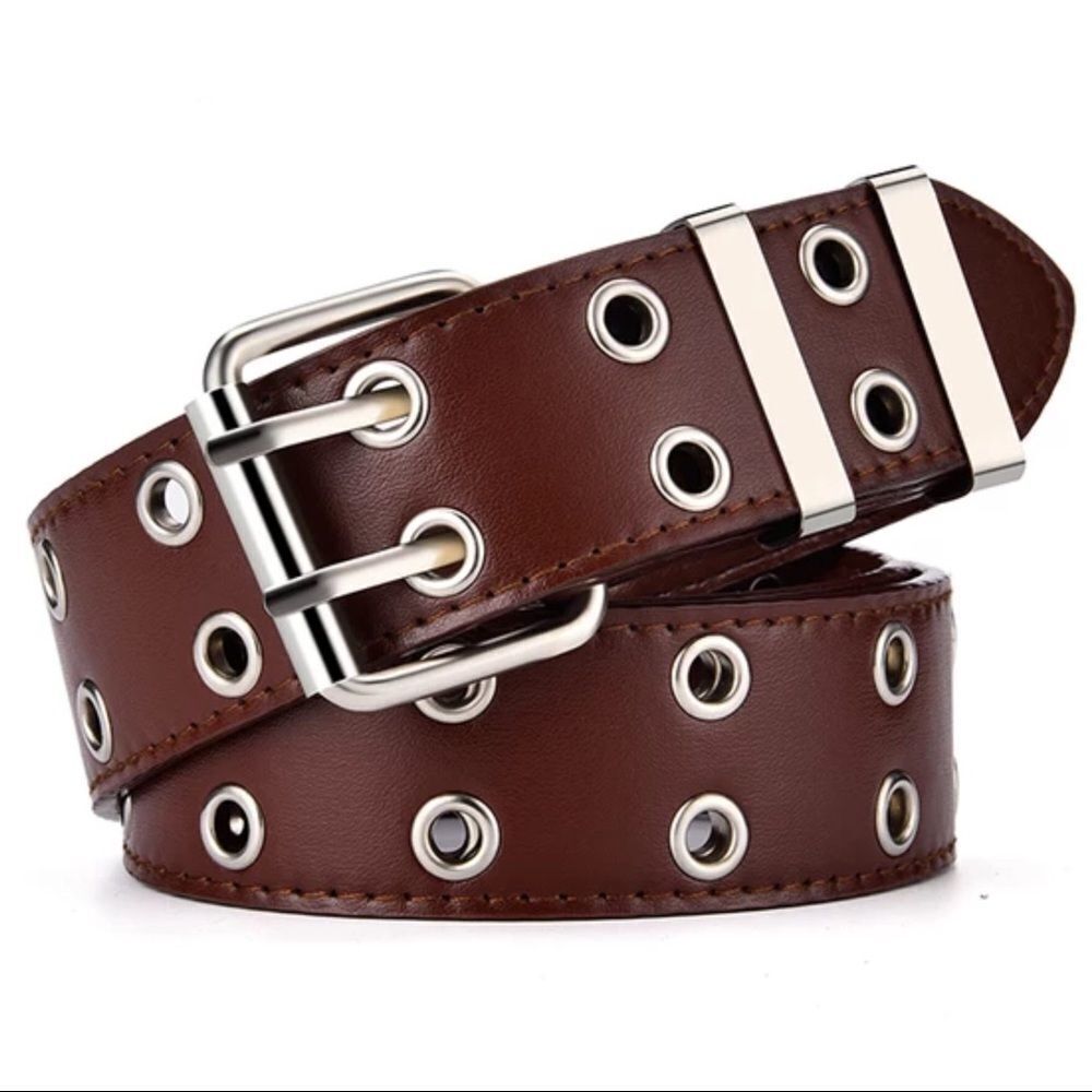 Brown Retro Y2K Double Row Silver Grommet Fashion Belt NEW